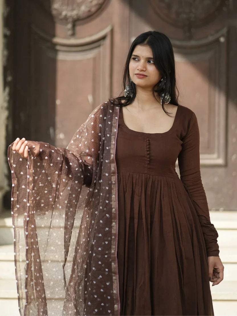 Dilruba Brown Mul Cotton Anarkali 3 Piece Suit Set with Dupatta