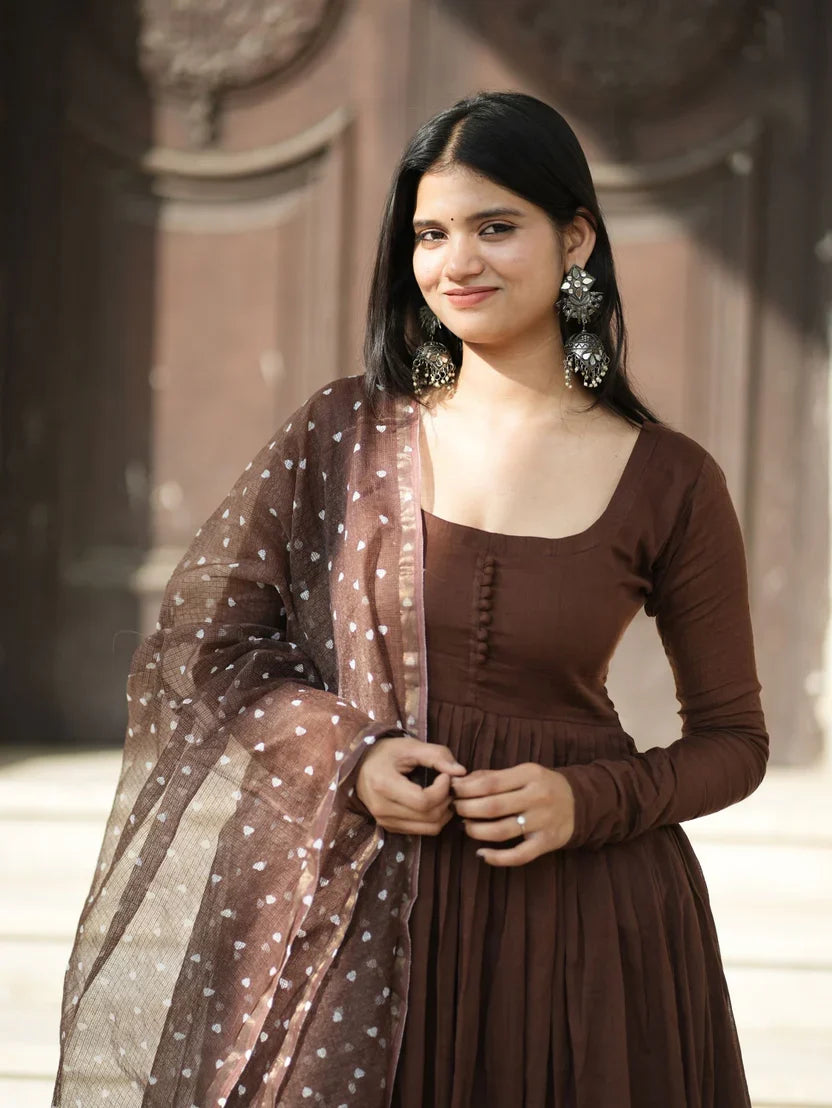 Dilruba Brown Mul Cotton Anarkali 3 Piece Suit Set with Dupatta