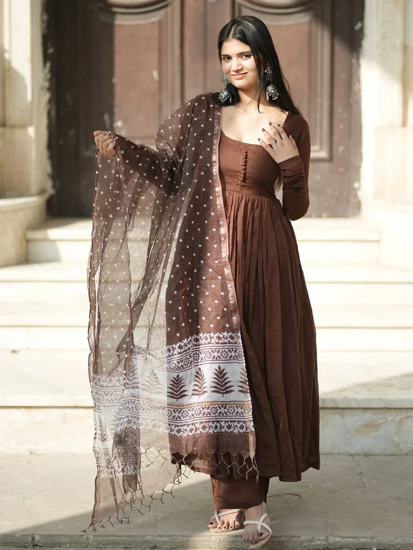 Dilruba Brown Mul Cotton Anarkali 3 Piece Suit Set with Dupatta