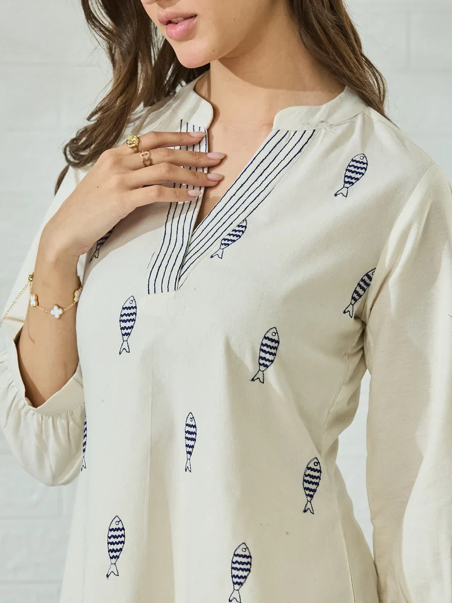 Off White Cotton Fish Embroidered Kurta Palazzo Set For Women