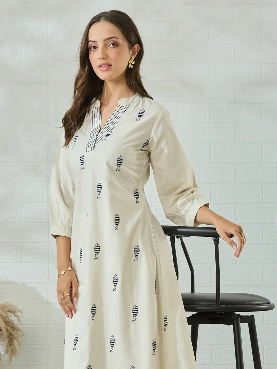 Off White Cotton Fish Embroidered Kurta Palazzo Set For Women