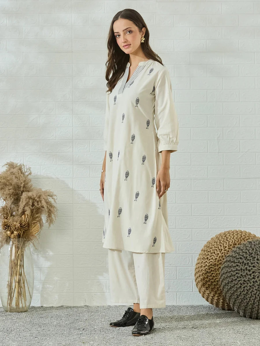 Off White Cotton Fish Embroidered Kurta Palazzo Set For Women