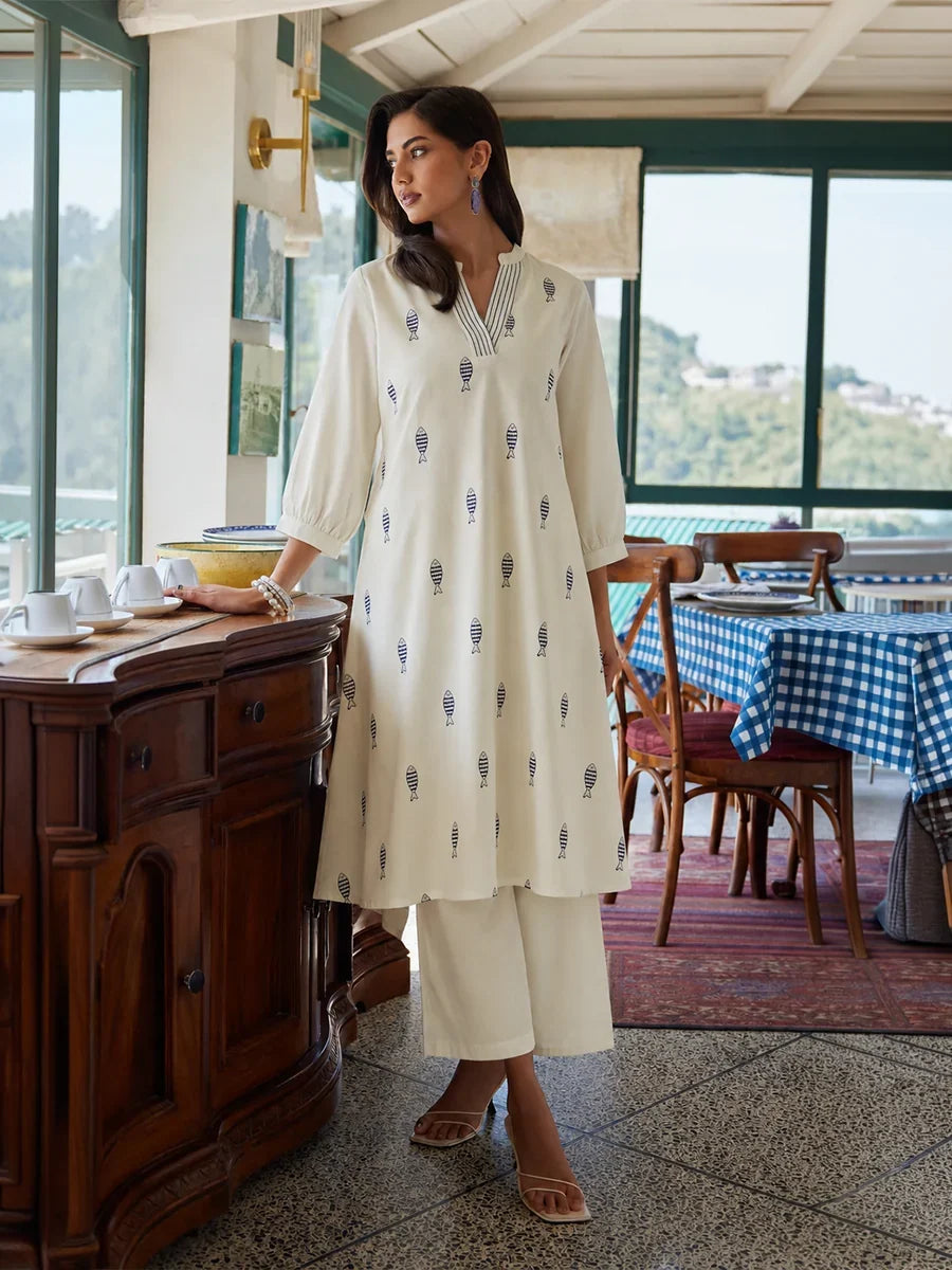 Off White Cotton Fish Embroidered Kurta Palazzo Set For Women