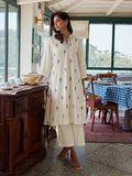Off White Cotton Fish Embroidered Kurta Palazzo Set For Women