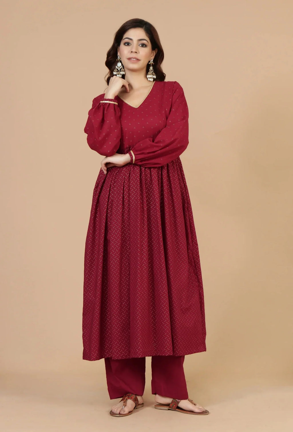 Maroon Handblock Printed Empire Kurta with Gota Detailing