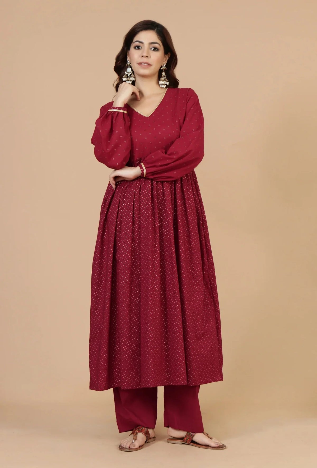 Maroon Handblock Printed Empire Kurta with Gota Detailing