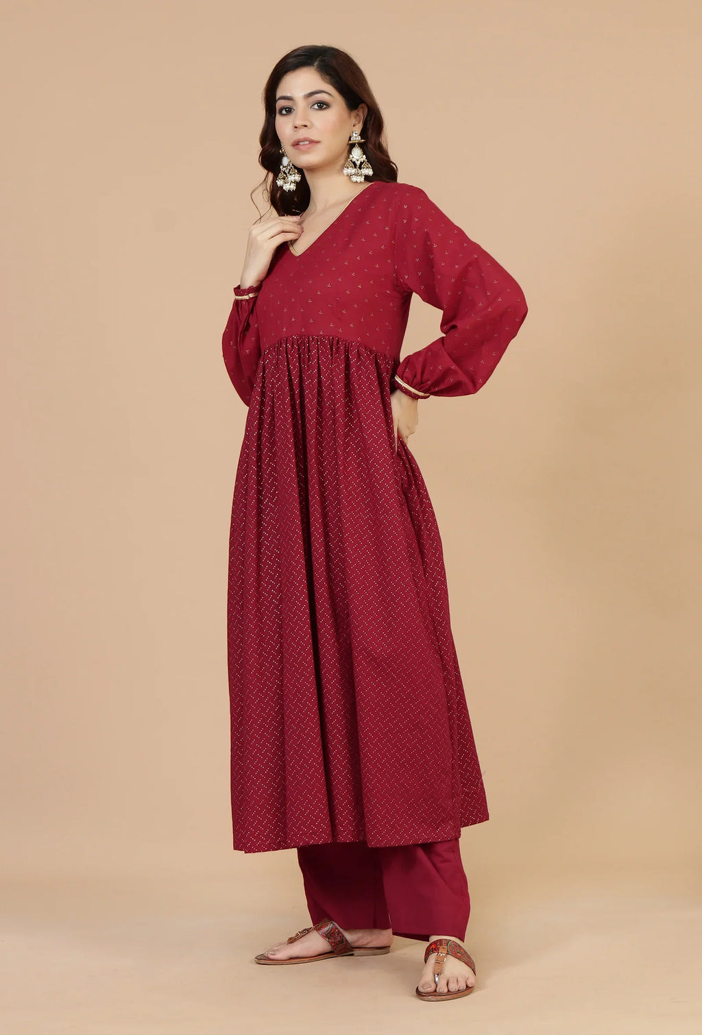 Maroon Handblock Printed Empire Kurta with Gota Detailing