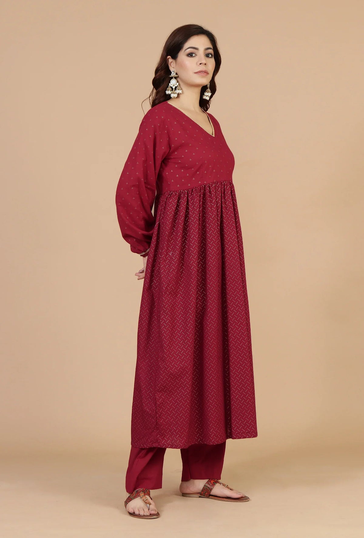 Maroon Handblock Printed Empire Kurta with Gota Detailing