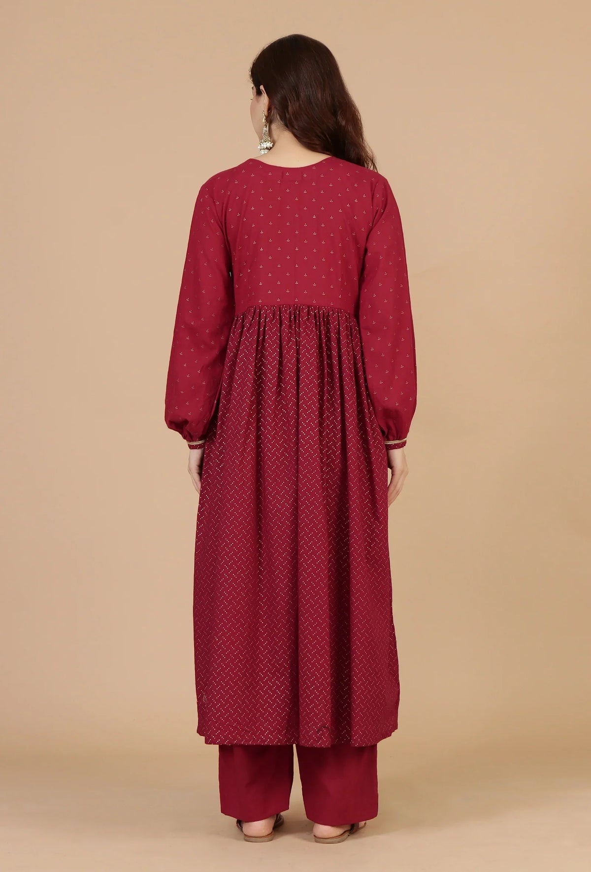 Maroon Handblock Printed Empire Kurta with Gota Detailing