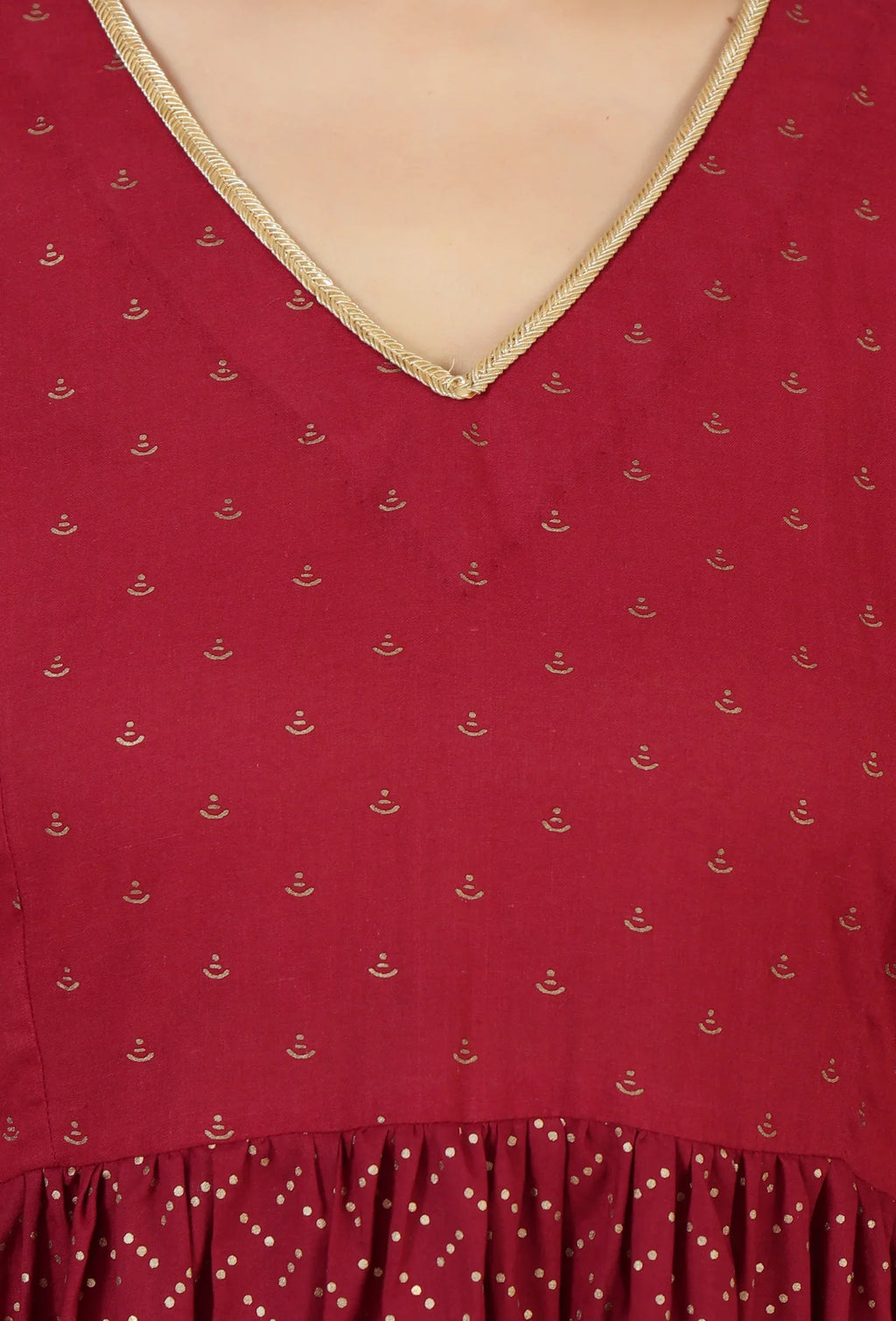 Maroon Handblock Printed Empire Kurta with Gota Detailing