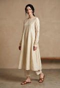 Set of 2: Off-White Cotton Silk Flared Kurta with Straight Pant Set