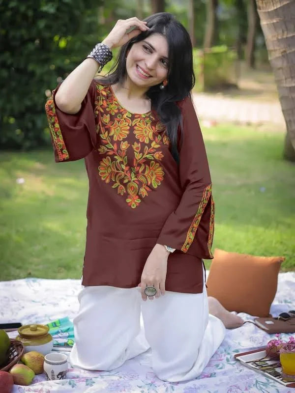 Brown Rayon Yoke Embroidery Straight Short Kurti