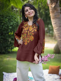 Brown Rayon Yoke Embroidery Straight Short Kurti